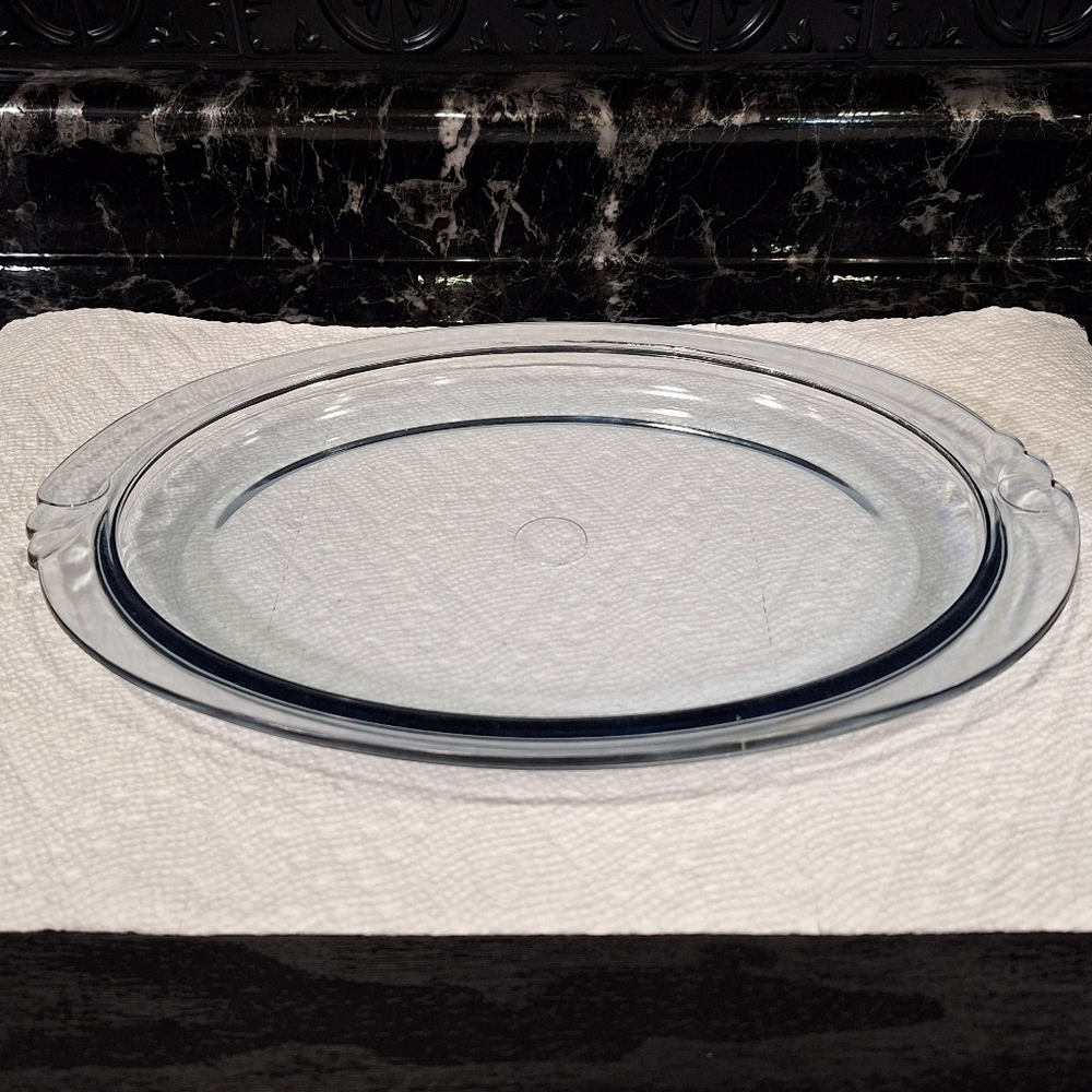 Pyrex 812 Blue Tint Oval Glass Serving Platter, Small Meat Tray, MCM Serveware